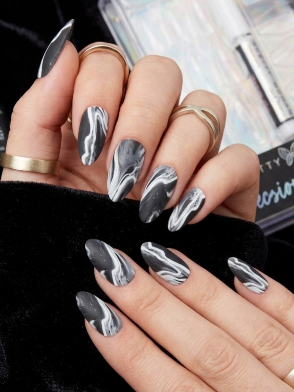 Faux nail set, black and silver nails, matte painted print fake nails